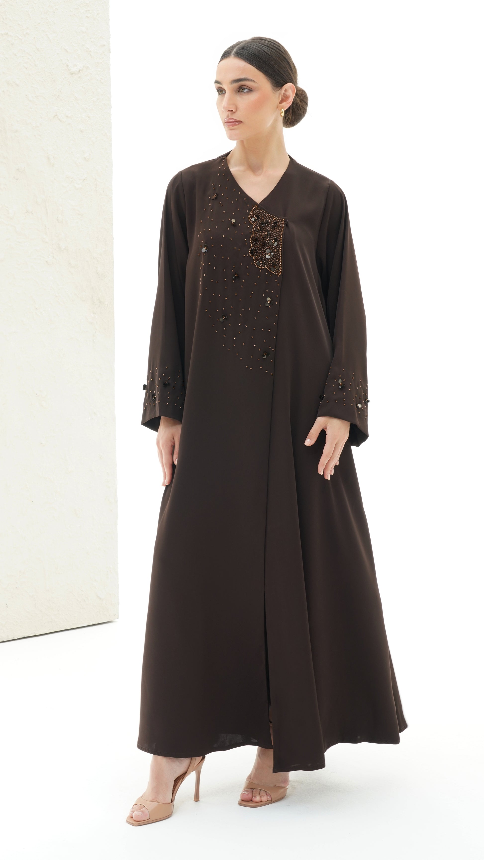 Layali Brown Abaya Japanese crepe with handwork