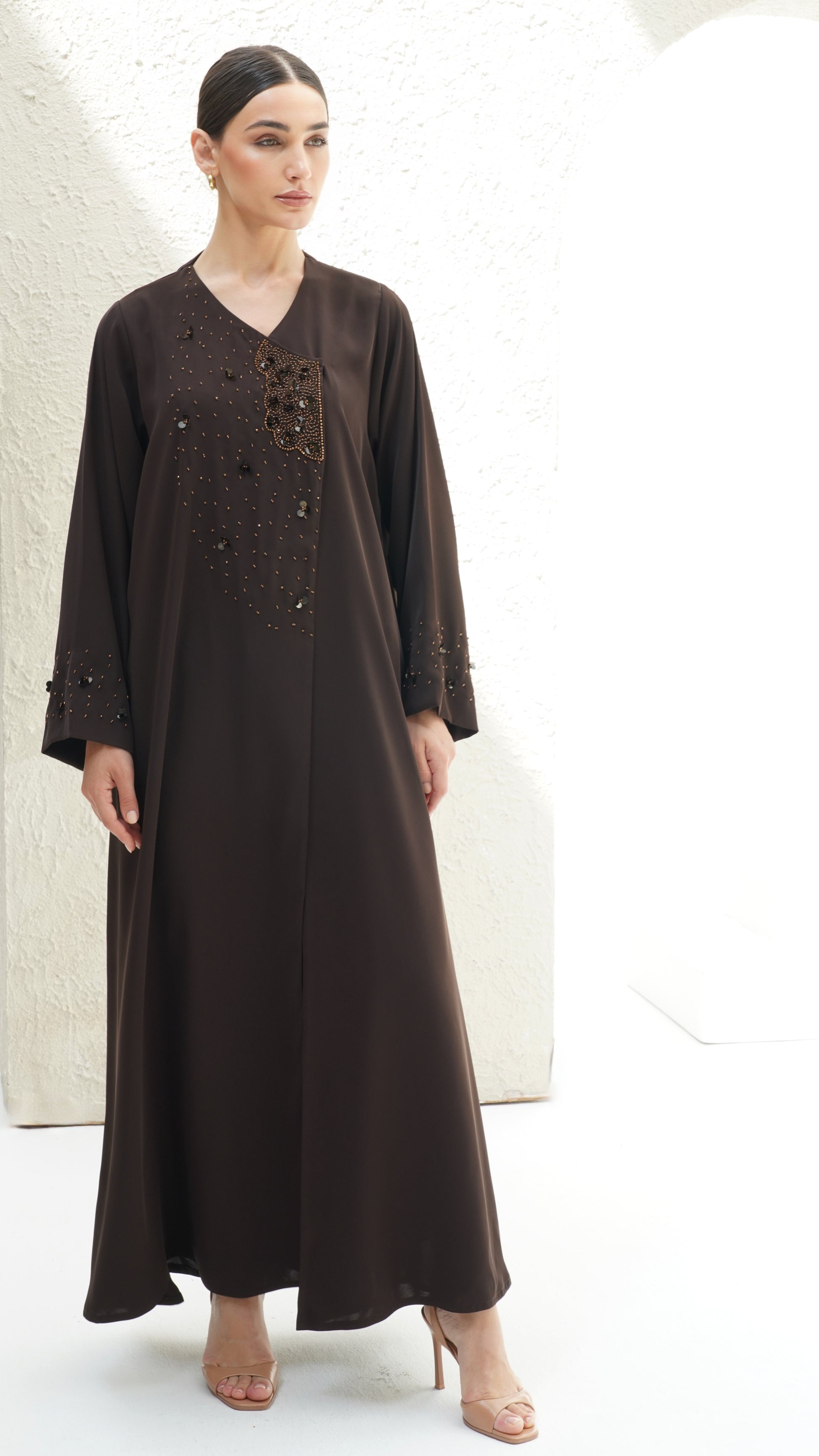 Layali Brown Abaya Japanese crepe with handwork