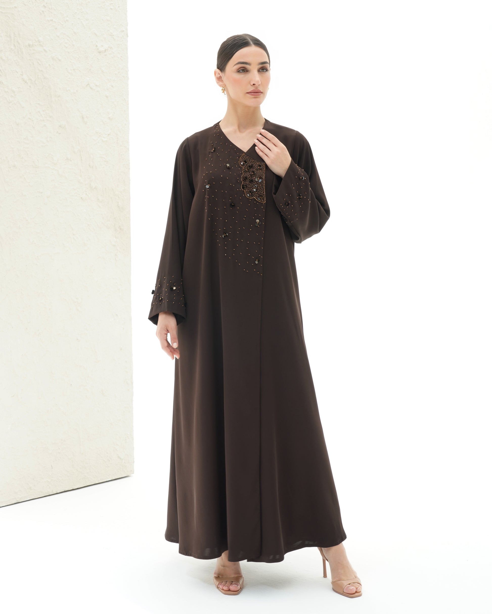 Layali Brown Abaya Japanese crepe with handwork