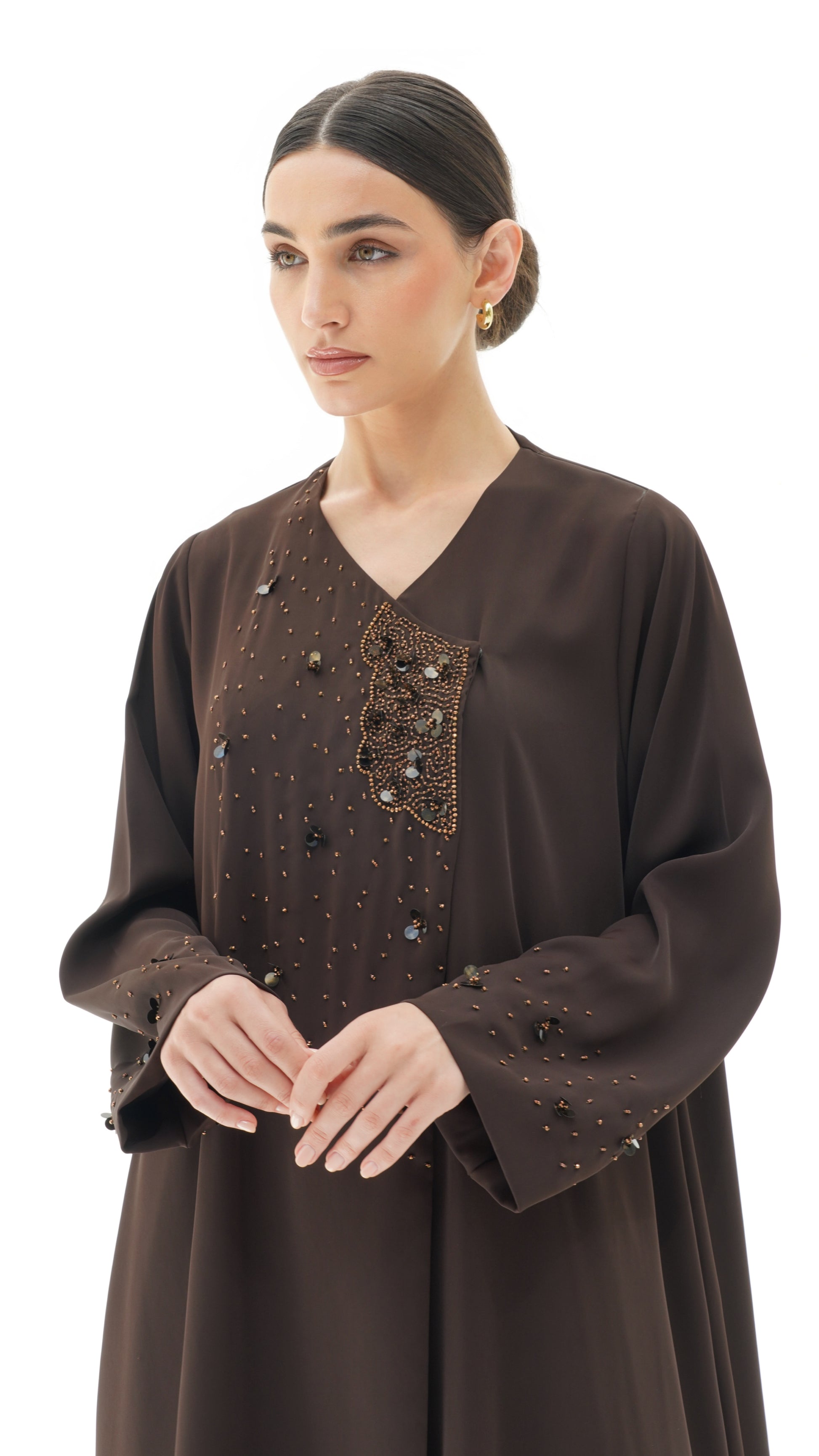 Layali Brown Abaya Japanese crepe with handwork