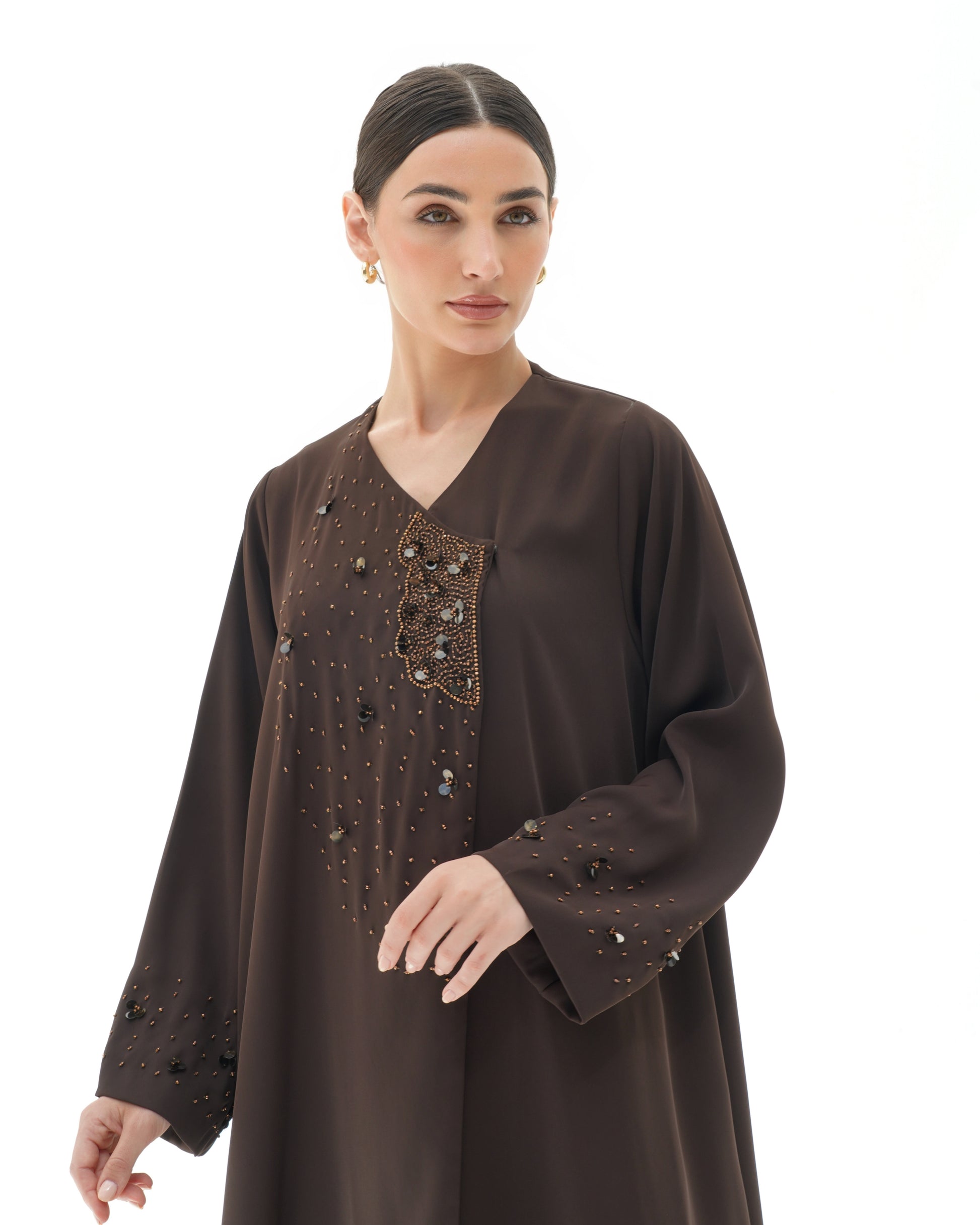 Layali Brown Abaya Japanese crepe with handwork