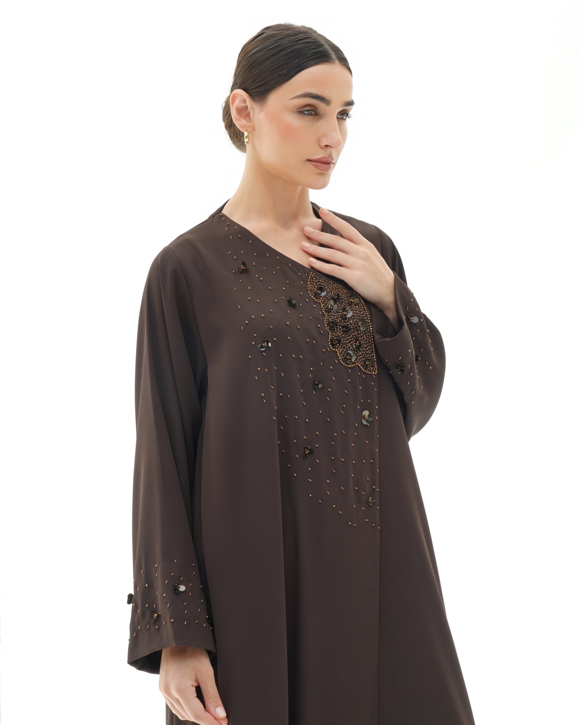 Layali Brown Abaya Japanese crepe with handwork