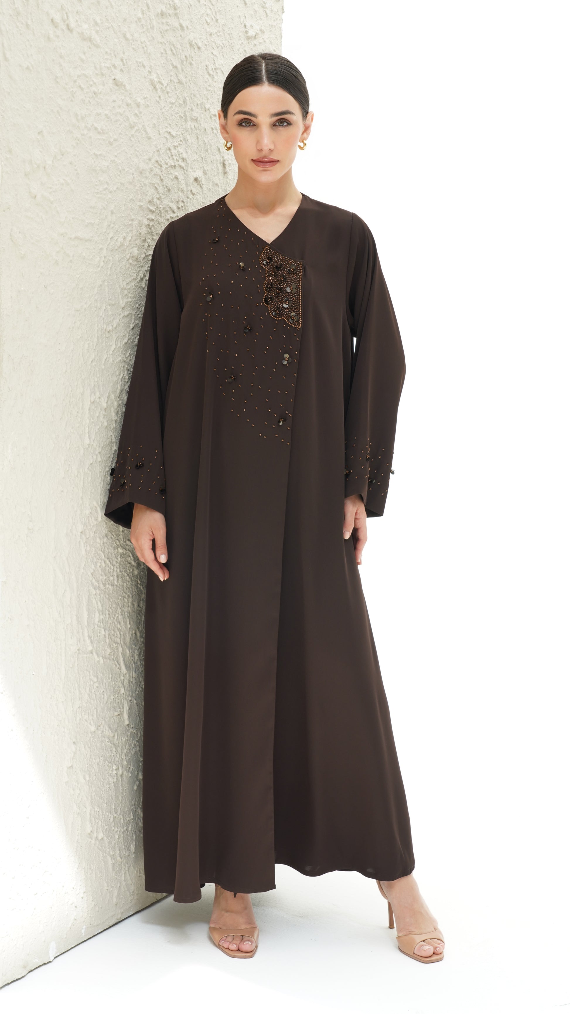 Layali Brown Abaya Japanese crepe with handwork