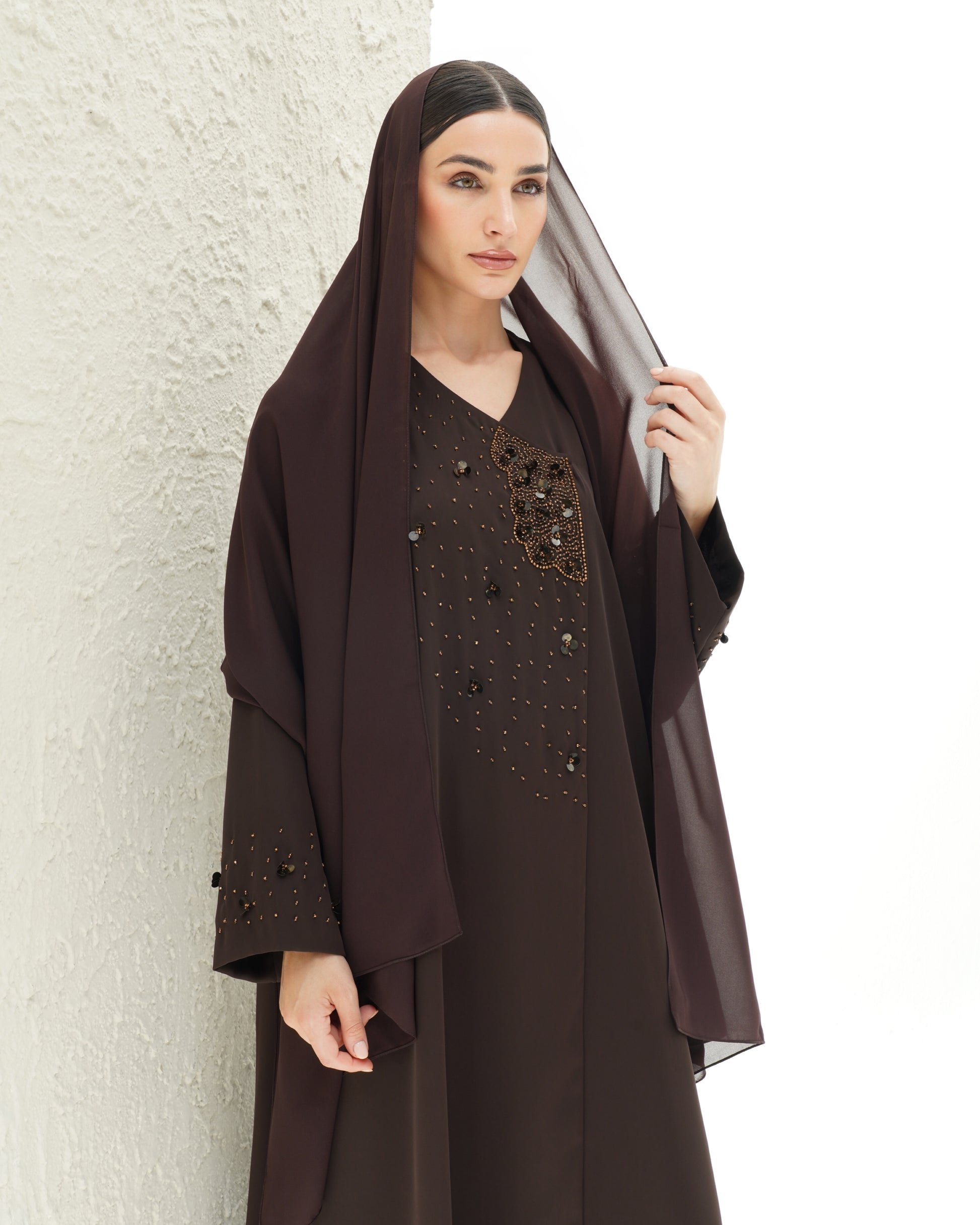 Layali Brown Abaya Japanese crepe with handwork