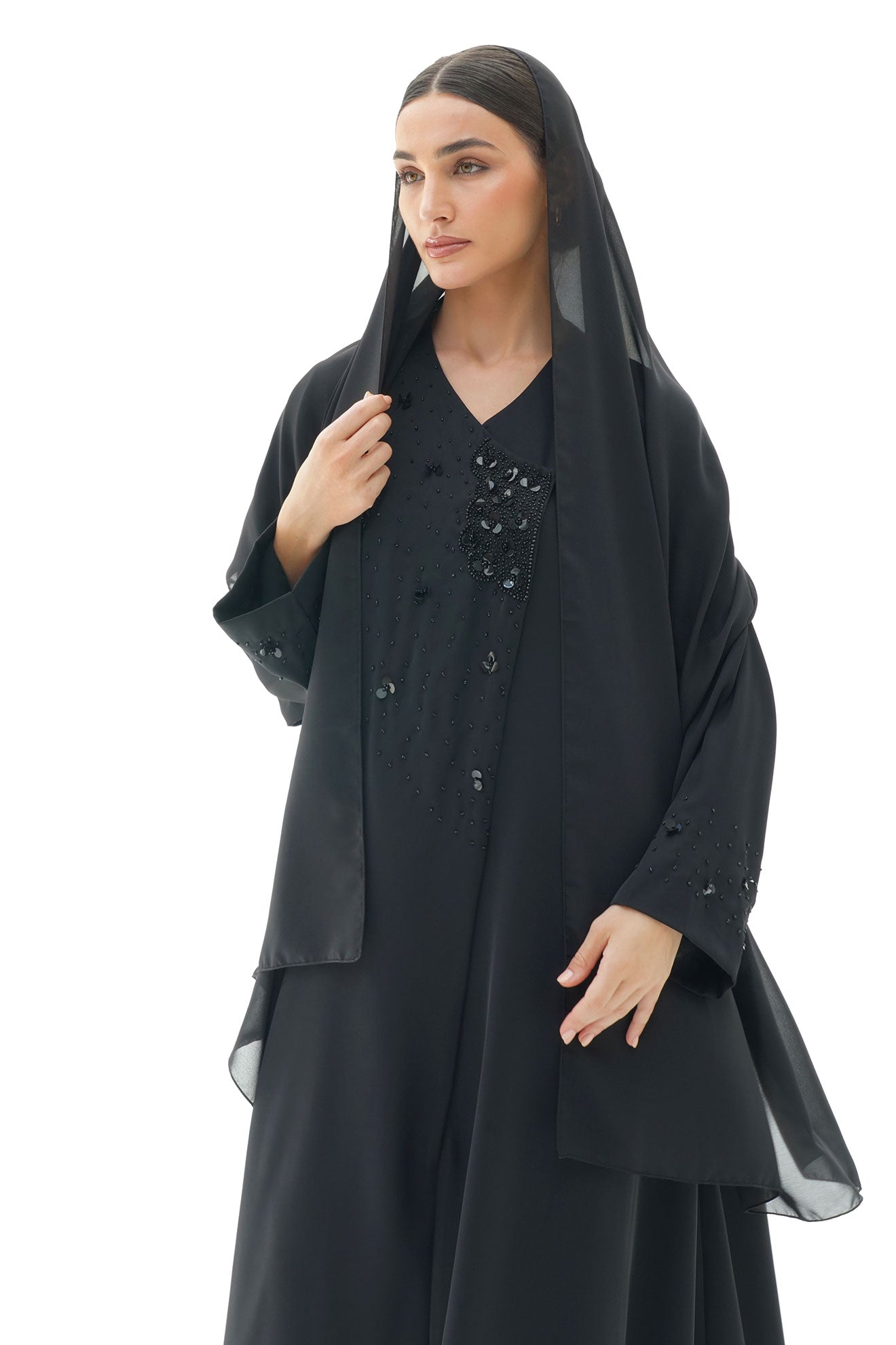 Layali Black Crepe Handwork Japanese Abaya