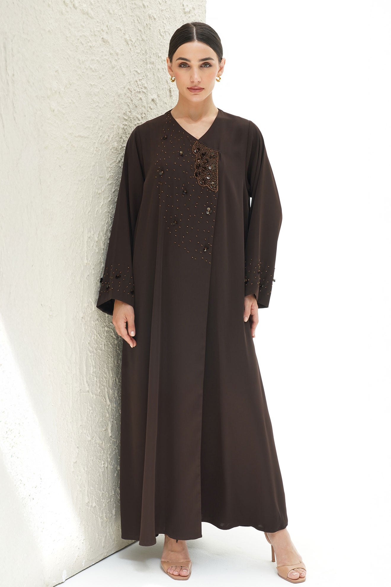 Layali Brown Crepe Handwork Japanese Abaya