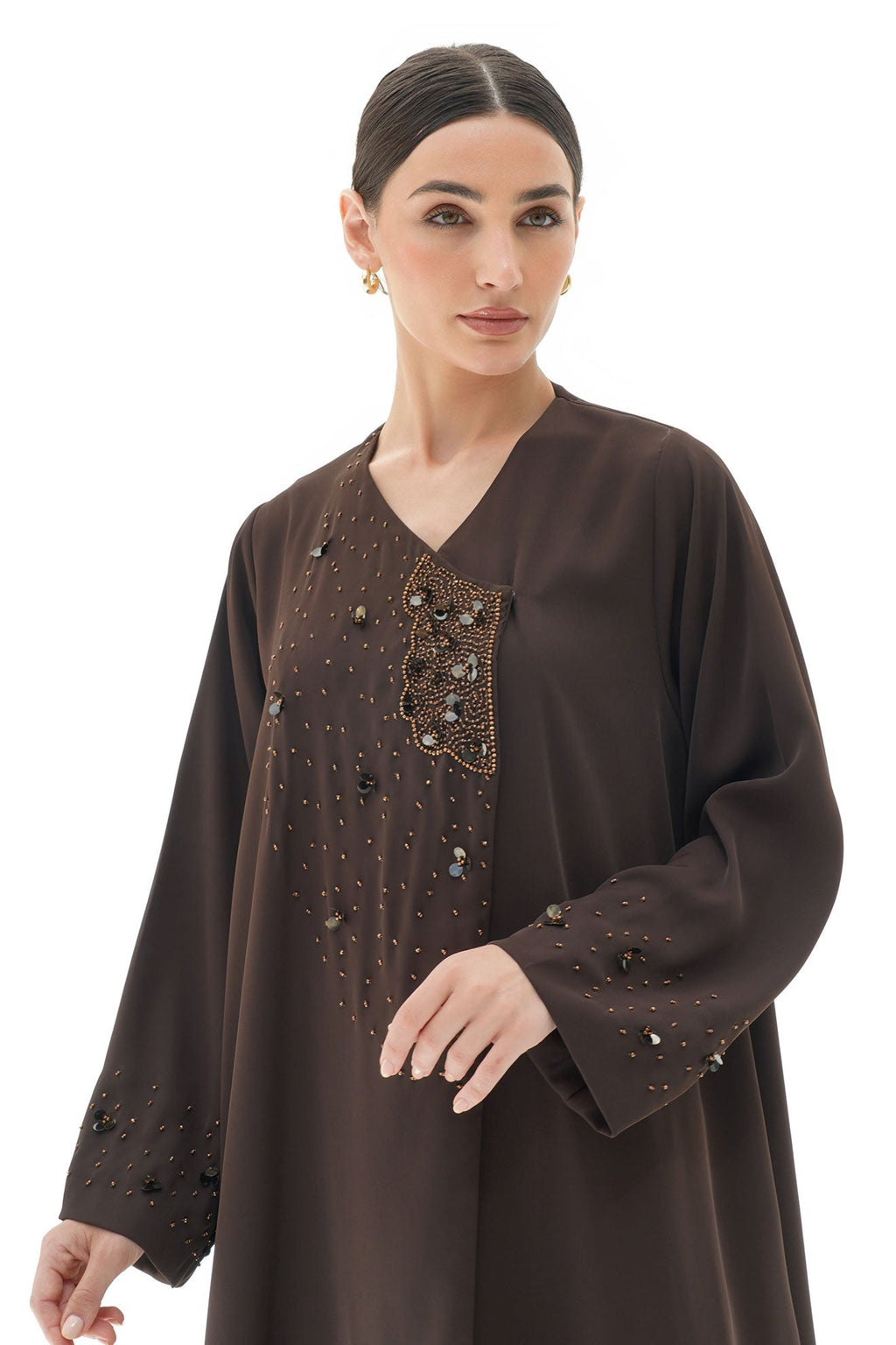 Layali Brown Crepe Handwork Japanese Abaya
