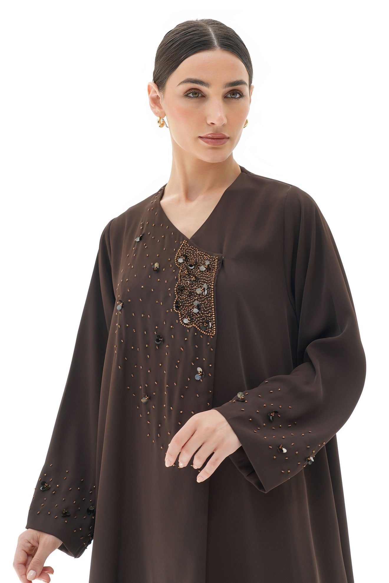 Layali Brown Crepe Handwork Japanese Abaya