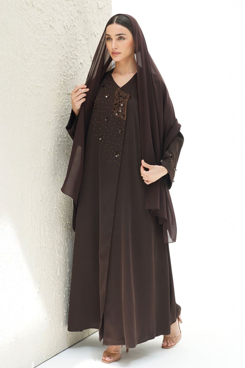 Layali Brown Crepe Handwork Japanese Abaya