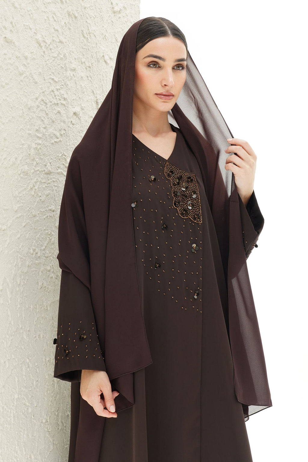 Layali Brown Crepe Handwork Japanese Abaya