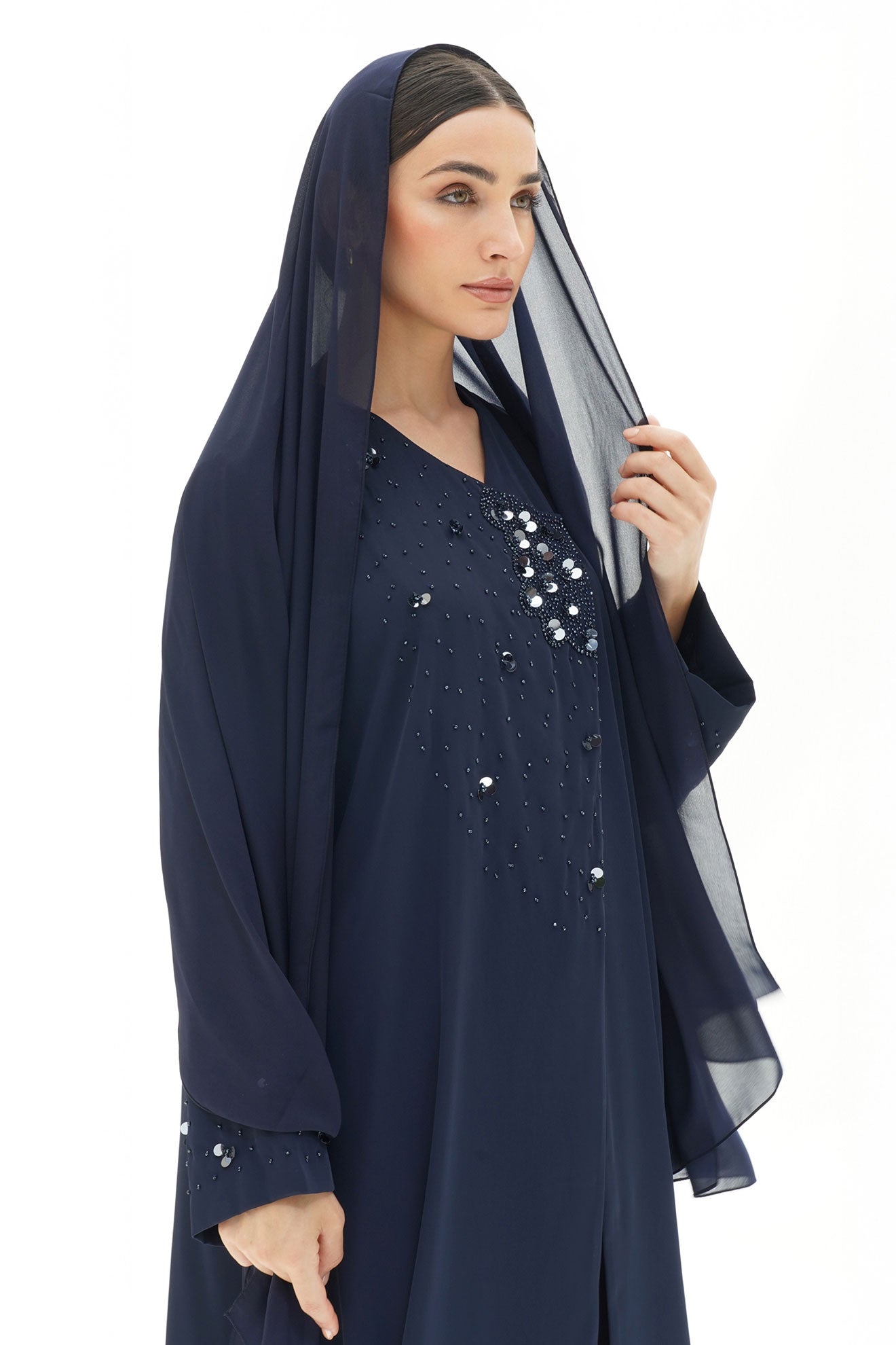 Layali Navy Blue Crepe Handwork Japanese Abaya