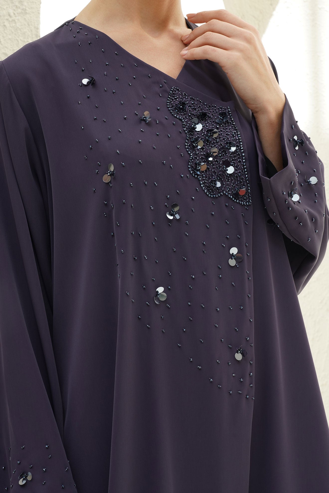 Layali Purple Crepe Handwork Japanese Abaya