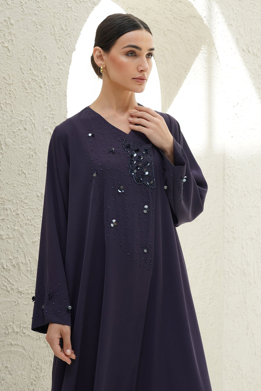 Layali Purple Crepe Handwork Japanese Abaya