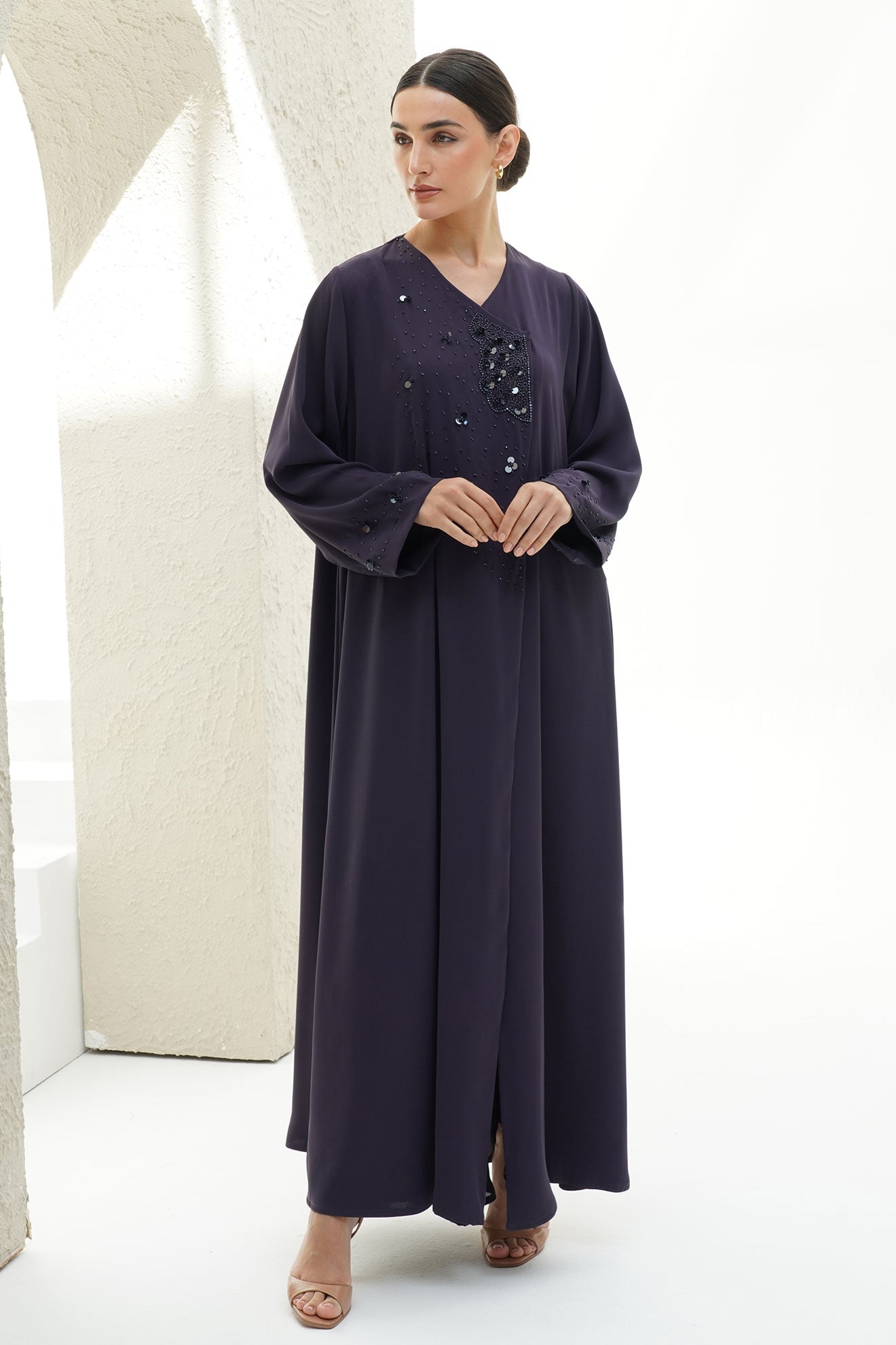 Layali Purple Crepe Handwork Japanese Abaya