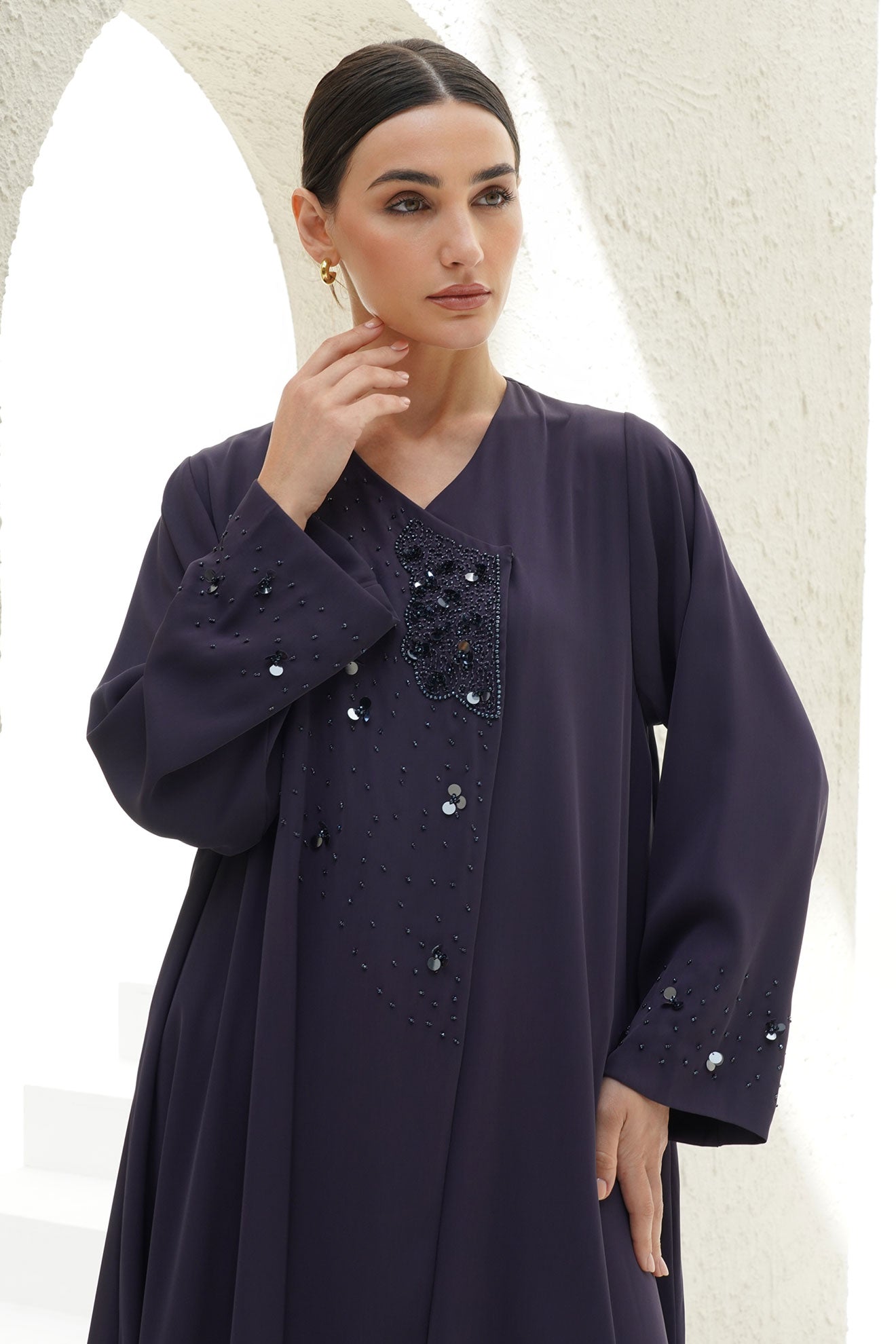 Layali Purple Crepe Handwork Japanese Abaya