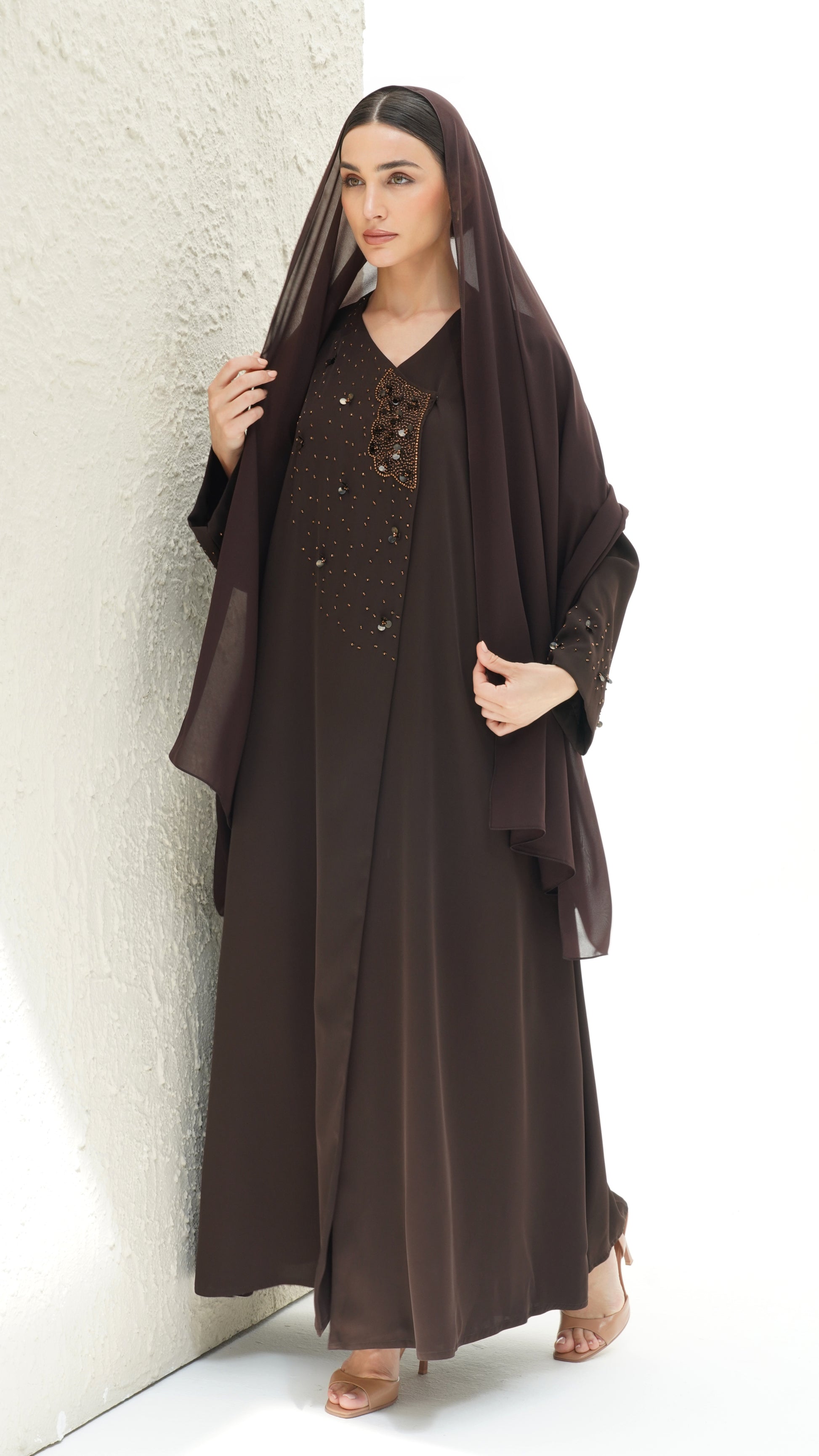 Layali Brown Abaya Japanese crepe with handwork